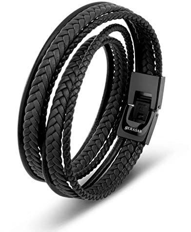 SERASAR Bracelets for Men 34cm Black Leather Brown Cowhide Gift Box Braided Bracelet Stainless Steel Jewelry Wrist Band Cuff Wrap Rope Bangle