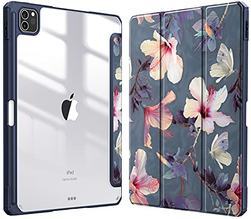 FINTIE Custodia per iPad Pro 11 2022/2021/2020/2018 (4ª/3ª/2ª/1ª Generazione) con Pencil Holder, Antiurto Sottile Leggero Posteriore Trasparente Cover Case, Blooming Hibiscus