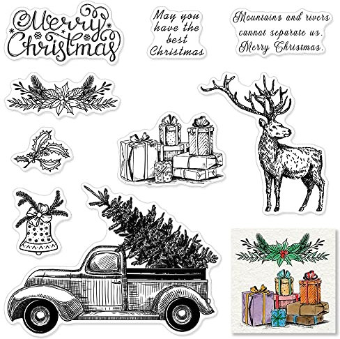Weihnachtsbaum Truck Clear Stamps für Kartenherstellung und Fotoalbum Dekorationen, Weihnachten Gruß Wörter Silikon Stempel Elch Hirsch Geschenk Transparent Gummi Stempel Siegel für DIY Scrapbooking