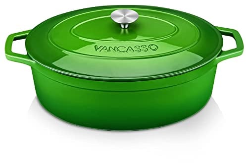 vancasso Cast Iron Pot, 8 Liters Green Oval Enamelled Casserole Dish with Double Loop Handle, Naturally Non-Stick Cast Iron Dutch Oven for Home Baking, Braiser, Cooking - 37cm