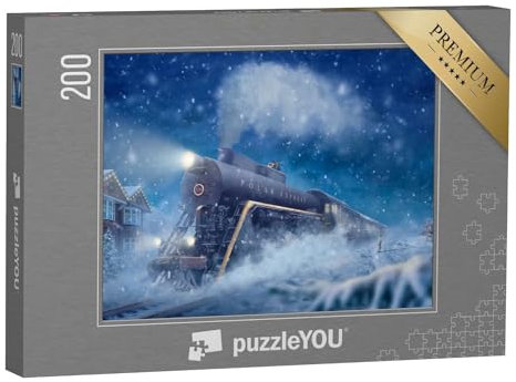puzzleYOU: Puzzle 200 Teile „Polarexpress in Einer verschneiten Landschaft, Kleiner Junge, Mann auf dem Zug“ – aus der Puzzle-Kollektion Lokomotive