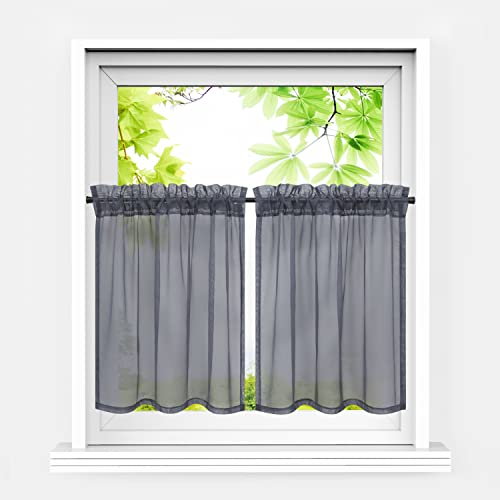 HeichkelL Scheibengardinen 2er Set Bistrogardine Voile Transparent Paarig Kurzstores Einfarbige Fensterschals Küche Vorhang Grau BxH 66x61 cm*2
