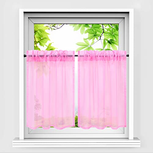 HeichkelL Scheibengardinen 2er Set Bistrogardine Voile Transparent Paarig Kurzstores Einfarbige Fensterschals Küche Vorhang Rosa BxH 66x92 cm*2
