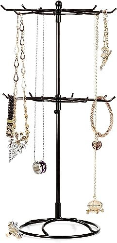 xtsfx 2 Tier Rotating Jewelry Display Stand, Necklace Holder Jewelry Tree Bracelet Stand Display Organizer for Necklaces Bracelets Earrings Rings, Black, 5.9x16.3in