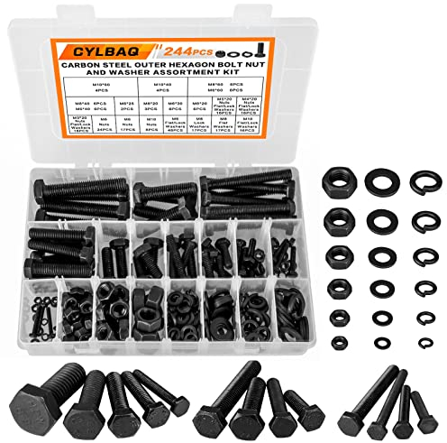 CYLBAQ M3-M10 Hex Bolts and Nuts Set, 244PCS Carbon Steel Outer Hexagon Bolts, Machine Screws, Nuts, Flat Washers & Lock Washers