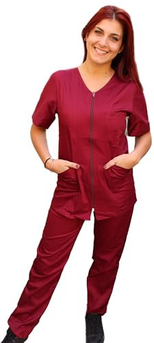 Traje de trabajo para mujer, completo, sanitario, enfermera, hueso, hospitalaria, con cremallera, varios colores, burdeos, XL