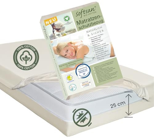 Softsan Encasing für Matratzen aus Bio Baumwolle | bis 25 cm Höhe | Schutzbezug für Allergiker| Anti Milben Schutzbezug | Weltneuheit | Viele Größen (80 x 200 x 25 cm)