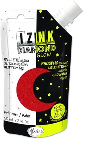 Aladine - Izink Diamond Glow - Pintura con purpurina, fosforescente por la noche - Ultra cubriente, todo soporte - DIY y ocio creativos - Botella flexible 60 ml - Rojo