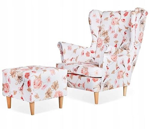 Family Meble Ohrensessel mit Hocker, Modell Print, Skandinavisch, Relaxsessel aus Webstoff, Loungesessel, Ohrensessel mit Hocker, Bequemer Sessel, Für Wohnzimmer, Esszimmer, Schlafzimmer, Blumen 4