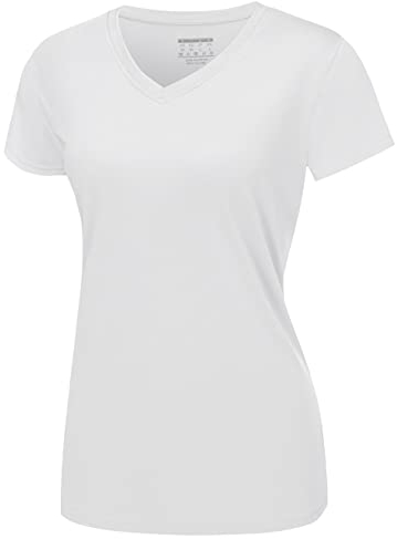 MAGCOMSEN Sportshirts Damen V Ausschnitt T-Shirt UV UPF 50+ Kurzarm Shirt Leicht Joggingshirts Damen Stretch Yoga Freizeitshirts Outdoor Wandern Surfen T-Shirt Weiß M