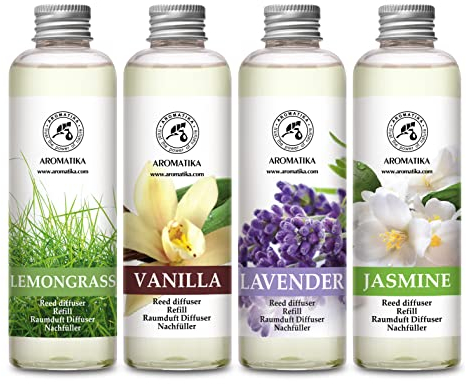 Raumduft Diffuser Nachfüller Lemongrass & Lavendel & Jasmin & Vanille - 4x200ml - Nachfüller Set für Duftdiffusor - Reed Diffuser Refill - Raumbeduftung - Zimmerduft - Diffuser Nachfüllen - Raumluft