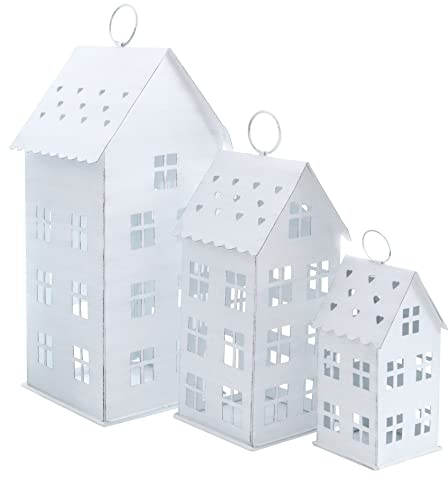 Laterne MALMÖ 3er Set 43/31 / 20 cm zum Hängen - weiß - Metall Windlicht in Haus Form mit Herzen - Deko Kerzen Halter Ständer Lampion für Außen und Innen
