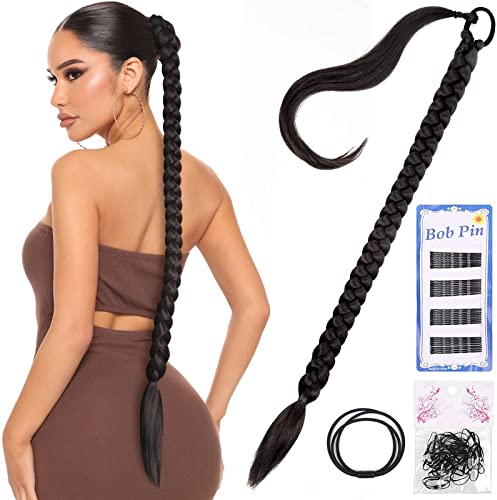 Ponytail Extension, Braided Ponytail mit Haargummi Haarspangen,Natürliches Kunsthaar haar Zöpfe Haarverlängerungen Zum Einflechten Lang Ponytail Extension Echthaar Schwarz Braun Haarteil für Frauen