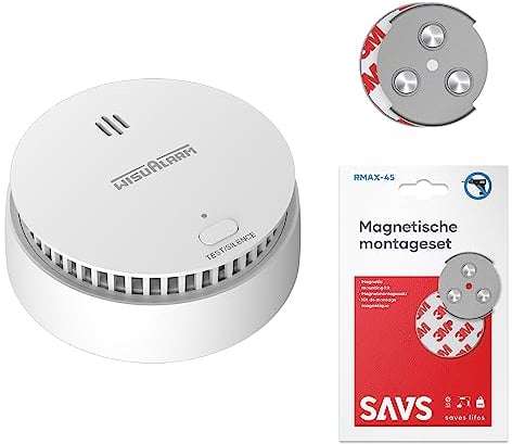 WisuAlarm SA20-A Rauchmelder 10 Jahre Batterie mit Magnethalterung 1 Stück Set - Feuermelder Brandmelder mit Test-/Stummschalt-Taste - Rauchwarnmelder EU-Norm DIN EN14604 - Inklusive Magnethalter