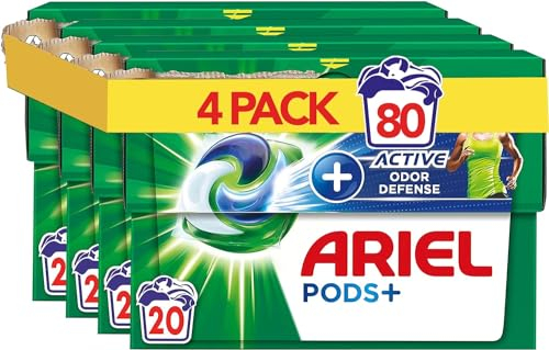 Ariel All-in-1 Pods, Flüssigwaschmittel in Kapseln, 4 x 20 Waschgänge, Active Odor Defense, Tiefenreinigung und zusätzliche Anti-Geruchs-Wirkung