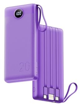 VRURC Portable Charger with Built in Cords, 22.5W PD & QC 3.0 Fast Charging 20000mAh USB C Power Bank, 4 Output 2 Input LED Display Phone Battery Pack with Cable Compatible with iPhone,Samsung,Tablet
