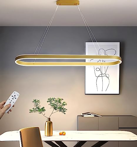 100cm Dimmbare LED Pendelleuchte Gold Moderne Esstisch Hängeleuchte 88W Oval Kronleuchter mit Fernbedienung höhenverstellbar Hänge lampe für büro esszimmer Arbeitszimmer Wohnzimmer Küche leuchte