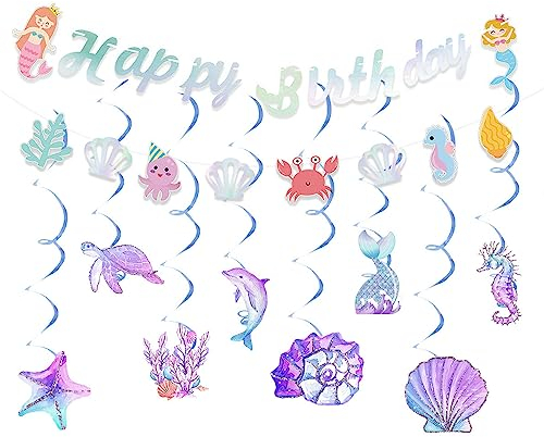 Mermaid Birthday Banner,Little Mermaid Princess Party Happy Birthday Bunting With Hanging Swirls Decorations,Ocean Shell Birthday Flag Banner For Mermaid Under The Sea party Birthday Party Baby Shower