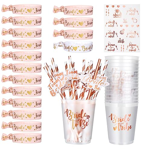 16 Pcs Gobelet EVJF Bachelorette Accessoires Kit Pour Femmes, Or Rose Bride Tribe Tasses en Plastique Avec Paille, Equipe Bracelets Bride To be Tatouage Pour la Fête Enterrement de Vie de Jeune Fille
