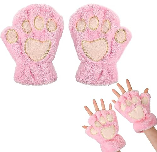 EQLEF Cat Paw Gloves, Plush Fingerless Gloves Mittens Cute Half Finger Gloves Warm Winter Glove Cat Cosplay Glove for Women Lady and Teenage girls (Pink, 21cm)