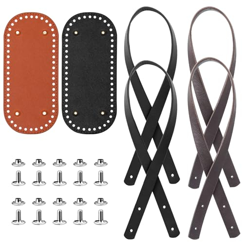 Roosea 6 Stück Taschenboden zum Häkeln Gehäkelter Taschenboden PU Leder Boden Tasche Häkeln Mit Löchern Bag Shaper bottom, und Taschenhenkel für Häkeltaschen DIY Handtasche Taschen Strickbeutel