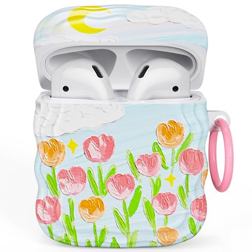Buewutiry Tulip Flower Compatible with Airpods Case 2nd Generation, Cute for Airpods 2nd Generation Case, Pink Kawaii for Airpods 2nd/1st Generation Case Cover with Keychain