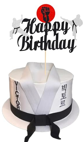Arthsdite 1Pc Karate Cake Topper, Taekwondo theme Kung Fu Sport Cake Topper, Karate Happy Birthday Party Supplies Sparkling Party Decoration