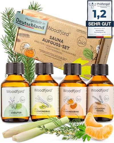 WOODFJORD Saunaaufguss Set BIO Natur I 4 verschiedene Saunadüfte und -Öle, je 100 ml I Premium Sauna Aufgussmittel Set für authentische Saunaerlebnisse I Das perfekte Saunaduft Probierset