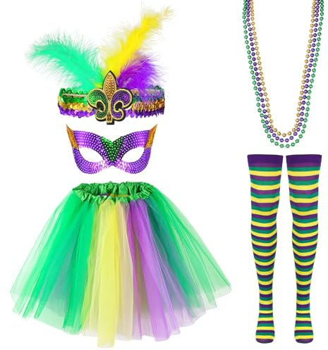 Hifot Mardi Gras Kostüm Zubehör Set Damen Tüllrock Mardi Gras Ketten Masken Haarband Faschingskostüme Karneval Kostüm Damen