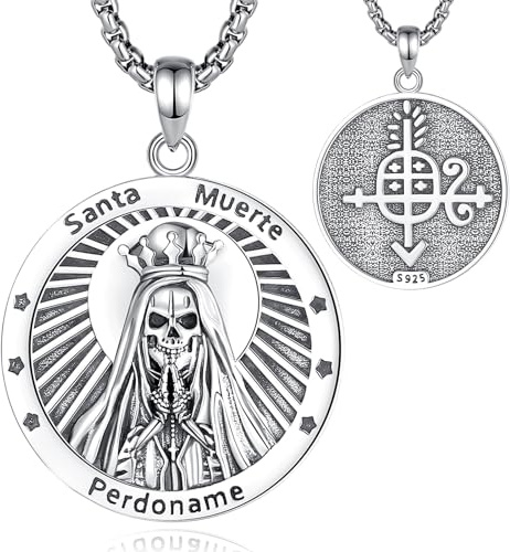 CELESTIA Santa Muerte Collana Teschio Messicano Ciondolo Falce Morte Argento Sterling Gotico Gioielli Regalo Donne Halloween
