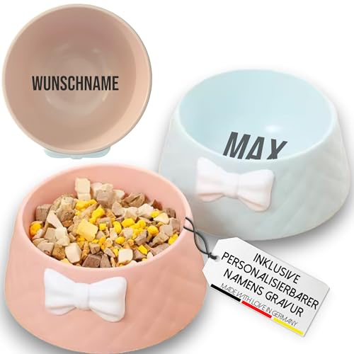 Personalisierter Hundenapf/Katze mit Namens Gravur – Schleifen-Design für Hunde und Katzen, Namen individuell eingravieren, Trinknapf Klein für Haustiere (Rosa)