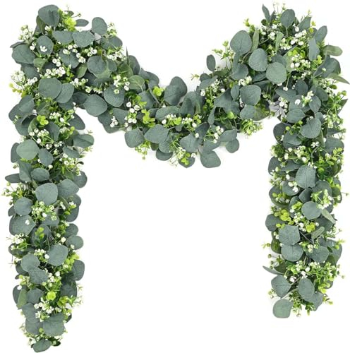 KQMGJYB Eukalyptus Girlande 2 Stück,Eukalyptus Deko Künstliche Pflanze Grüne Blätter Weiße Blume Girlande Künstliche Pflanze Hängepflanze für Hochzeitsdeko Tisch deko Bauernhaus Tischdekoration