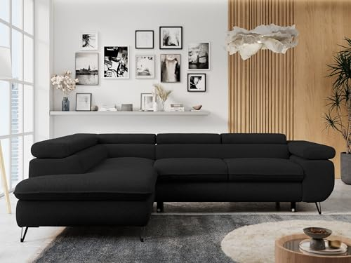 MKS MEBLE Ecksofa Wohnlandschaft L-Form mit Schlaffunktion und Bettkasten, Schlafsofa mit Bettkasten, Sofa mit Einstellbare Kopfstützen, Peter L - Boucle - Links Schwarz