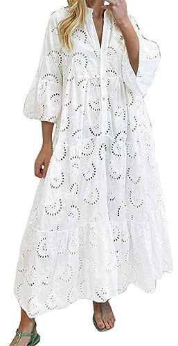 Generisch Robe à col en V et manches évasées en dentelle ajourée en coton - Robe longue sexy pour femme - Robe d'été à manches longues festive, Blanc., M