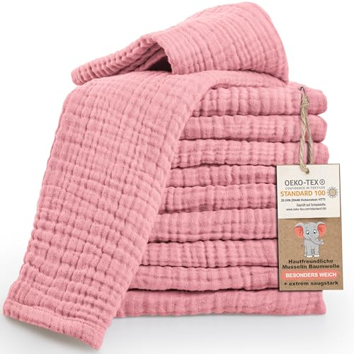 LAYNENBURG Lot de 10 Linge de Crachat Premium Bébé en Mousseline Extra Douce - 100% Coton - 30x50cm - Oeko Tex 100 - Linge en Mousseline comme Langes de Gaze ou Couches en Tissu (Vieux Rose)