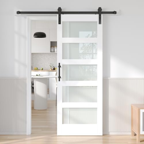 Fredbeck Weiße Glas-Scheunentür mit 167,6 cm Schiebetüren, Hardware-Kit im Lieferumfang enthalten, PVC-Oberfläche, wasserdicht, einfach zu montieren, 30 x 80 cm