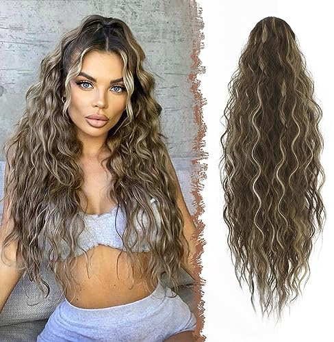 FESHFEN Long Curly Wavy Drawstring Ponytail Extensions Clip in Wavy Synthetic Hairpieces Drawstring Ponytail Curly Hair Piece Pony Tail Extension for Women, 26 inch Chestnut Brown Mixed Ash Blonde