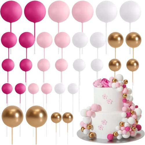 Ledeak 32 Pcs Ball Cake Topper Decorations, Round Ball Cake Decorations Set Foam Ballon Cake Decorations, Insert Cake Topper for Wedding Party Birthday Cake Decorating (Rose, Pink, White, Gold)