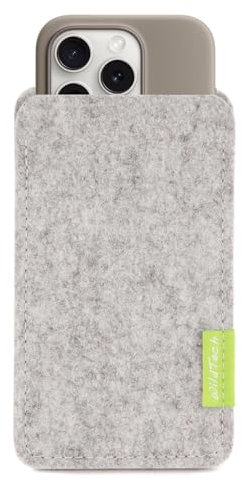 WildTech Sleeve passend für Apple iPhone 16/16 Pro / 16 Pro Max Hülle aus Wollfilz Handmade in Germany (iPhone 16 Plus, BREIT für iPhone mit Case, Hellgrau)