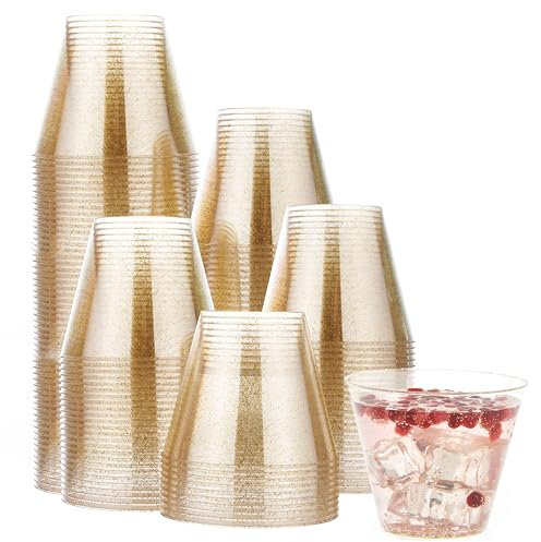 MATANA 120 Gobelets Réutilisables en Plastique Dur avec Paillettes Dorées (255ml/9oz) – Verres Solides et Lavables pour Boissons, Desserts, Anniversaires, Mariages, Noël, Fêtes