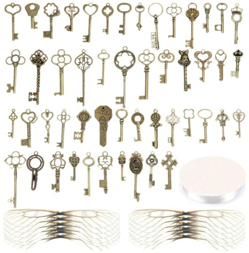 50 Stk Vintage Schlüssel Deko Schlüssel, 50 Stk Libellen Flügel, 1 x 30 Meter Perlendraht, Vintage Antiken Anhänger Set, für DIY Schmuckherstellung Hochzeit Party Gastgeschenke Raumdekoration.