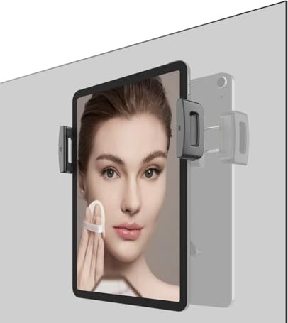 Powerful Suction Cup iPad & Tablet Wall Mount for Mirror, Glossy Tiles & Glass, Pad Holder for Bathroom, Kitchen, Gym, Yoga, Makeup, Supports extra 3 pads for 24H, Fits devices from 5.5-12.9 (Black)