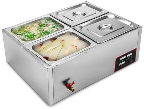 MVXBICIA 850W Electric Steam Table 34 Quart - Professional Stainless Steel Buffet Bain Marie - 4-Pan Commercial Food Warmer with Lid for Restaurants & Catering