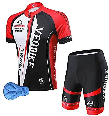 VeloZenith Herren Radtrikot Set Kurzarm Trikot 3D gepufferte Radhose Rennrad Fahrradbekleidung Sommer Atmungsaktives Radtrikot+Fahrrad Rennrad Lätzchen Short Set MTB Rot,M