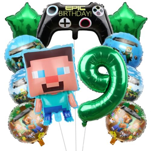 Krilucly Pixel Globos Feliz Cumpleaños Decoraciones para 9 Años Niños, Juego de Globos Cumpleaños Jugador Minero, Globo de Película, Juego de Globos Decorativos para Cumpleaños Niño