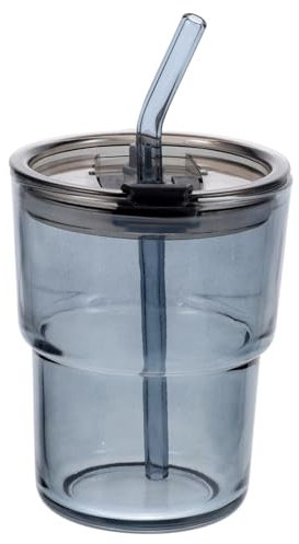 Ciieeo Glass Coffee Cup with Straw and Lid 450ml Smoke Gray Glass Mug Sealed Travel Tumbler for Iced Coffee Milk Tea and Cold Beverages