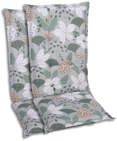 GO-DE Textil Bequeme und attraktive Polsterauflagen für Hochlehner-Gartenstühle (2er-Set, Design: Ginkgoblatt Grün)