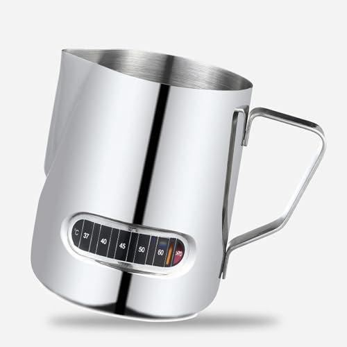 Milchkännchen mit Temperaturanzeige, Milk Pitcher Milchaufschäumer Krug Edelstahl Krug Dampfkanne, Handheld Aufschäumkännchen, Zubehör Werkzeuge Milchschaumkrug für Espresso -Dampf (350ml)