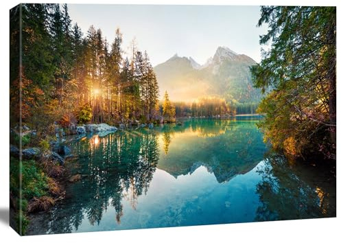 Visario Leinwandbild 120x80 cm 5065 Natur See Berge Sonnenuntergang - Wandbild XXL Panorama Landschaft Kunstdruck auf Leinwand - Bilder Wohnzimmer Schlafzimmer Büro Dekoration Fertig zum Aufhängen