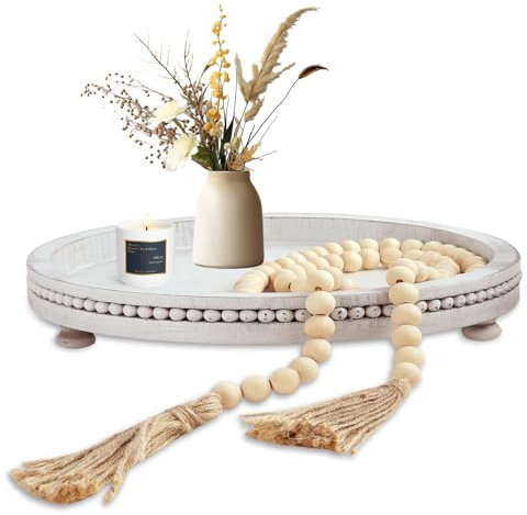 RETON Bandeja redonda de madera con guirnalda de cuentas de madera para decoración del hogar, bandeja decorativa redonda, bandeja decorativa para servir, bandejas de mesa de café desgastadas para